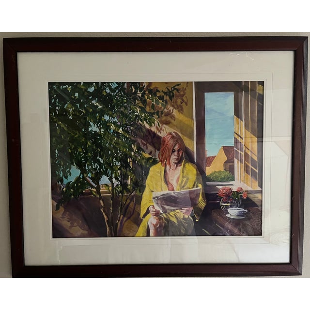 Original watercolor by artist James Gleeson - Yellow Robe. Framed 39 1/2" wide x 32" high, original tag on back of...