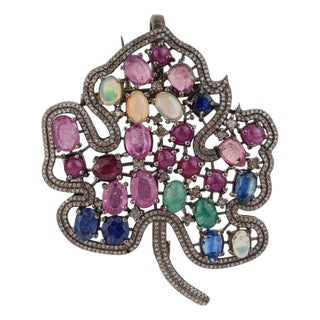 9.15 Ct Multi Gemstone Maple Leaf Convertible Brooch Pendant in Sterling Silver For Sale