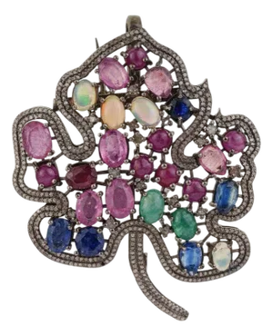 9.15 Ct Multi Gemstone Maple Leaf Convertible Brooch Pendant in Sterling Silver