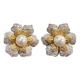 Vintage Diamond South Sea Pearl Platinum Large Flower Clip on Earrings, Two Tone, A Pair For Sale