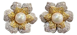 Vintage Diamond South Sea Pearl Platinum Large Flower Clip on Earrings, Two Tone, A Pair