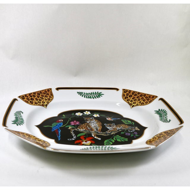 1990s Lynn Chase Porcelain Jaguar Jungle 14" Octagonal Serving Platter With Gold Trim For Sale - Image 13 of 14