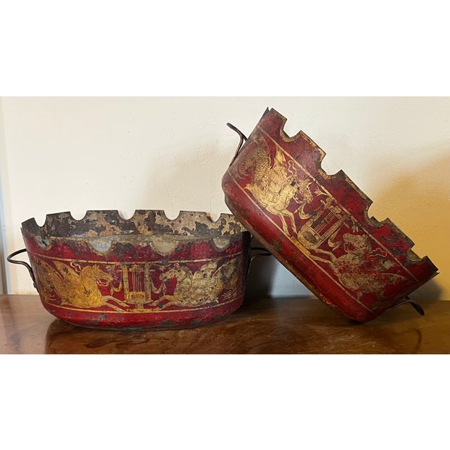 French Antique 19th Century French Empire Tole Monteiths or Cachepot Jardinieres With Neoclassical Winged Horses or Pegasus & Lyres Circa 1820 - A Pair For Sale - Image 3 of 14