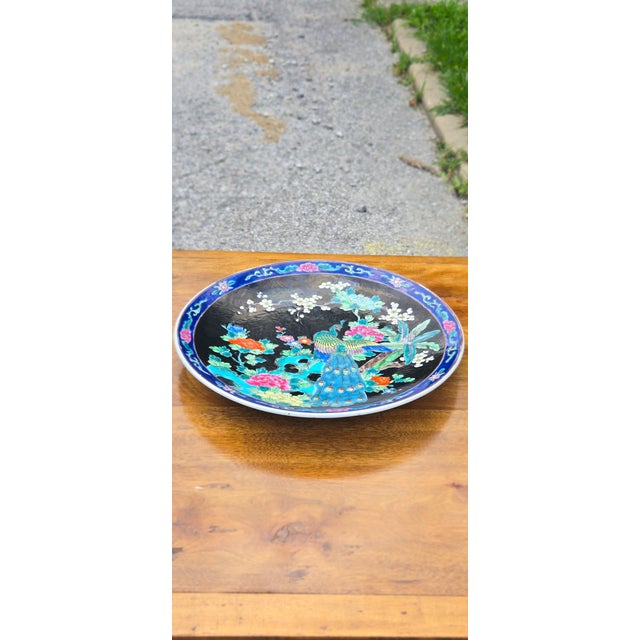 1950s Vintage Japanese-Style Porcelain Peacock Charger Plate With Floral Motif For Sale - Image 5 of 12