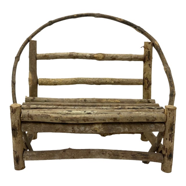 Vintage Miniature Rustic Twig Wood Bench Chair Adirondack Log Cabin Folk 10.5"h For Sale