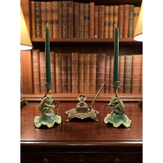Pair of Vintage Whimsical Ceramic and Bronze Patinated Metal Musical Frog Candle Holders For Sale - Image 10 of 12