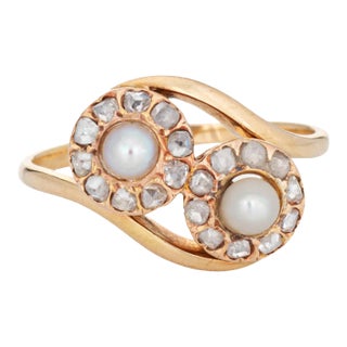 Vintage Art Deco Diamond Pearl Ring Moi et Toi 14k Gold Sz 9 Engagement Band For Sale