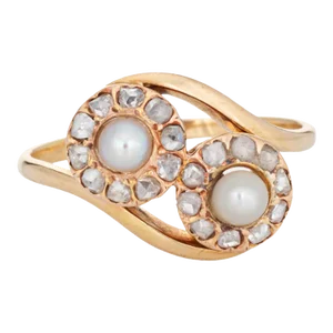 Vintage Art Deco Diamond Pearl Ring Moi et Toi 14k Gold Sz 9 Engagement Band