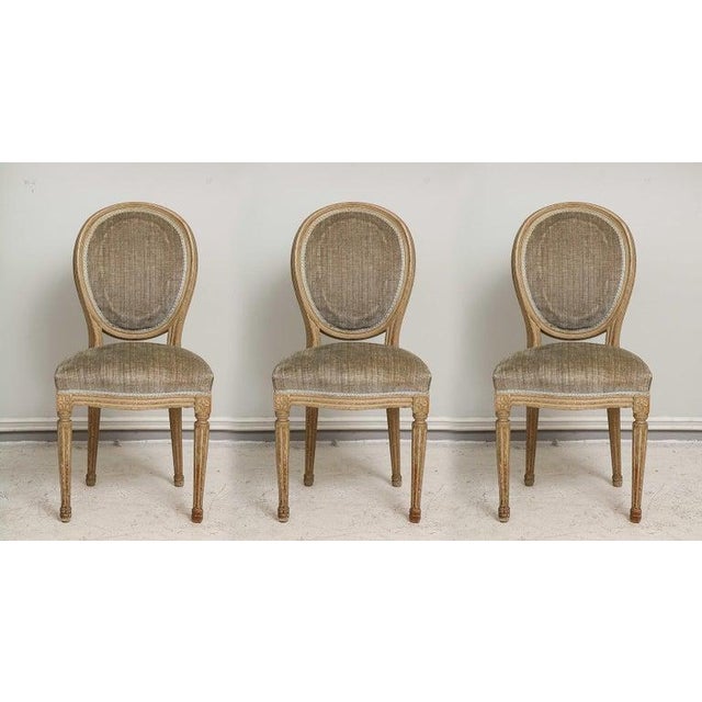 Set of six vintage Louis XVI -style painted dining room chairs- oval backs on fluted tapered legs.