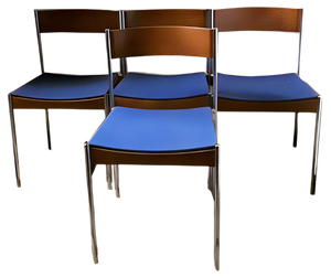 German Chromed Tubular Steel & Teak Stacking Chairs with Blue Fabric Upholstery from Casala, 1960s, Set of 4