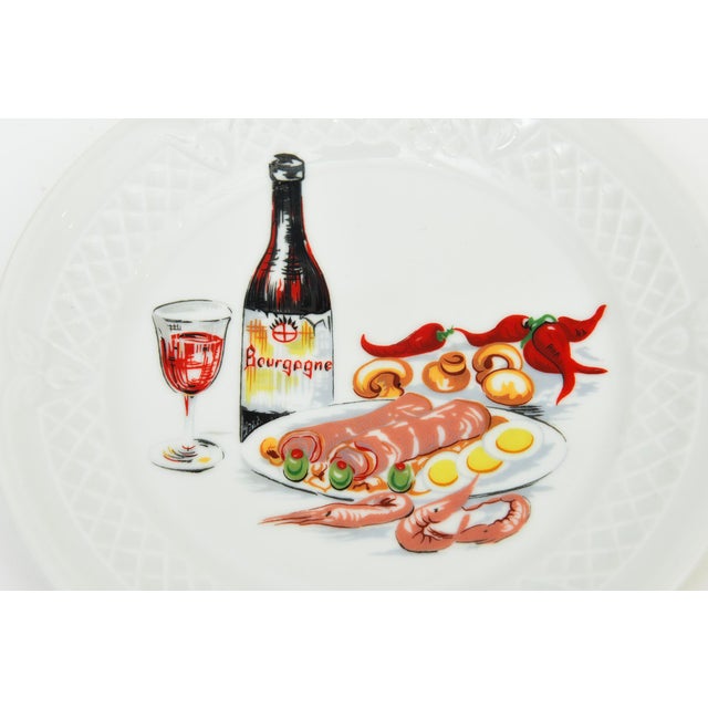 Mid-Century Modern Vintage French Coastal Porcelain Appetizer Plates of Lobster, Wine, Cheese by Lourioux, Set of 6, 1950's For Sale - Image 3 of 12