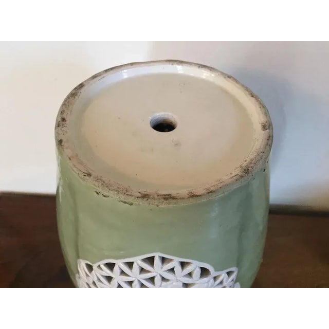 Antique Chinese Export celadon porcelain vase decorated with blanc de chine pierced prunus and bird panels; bat form...