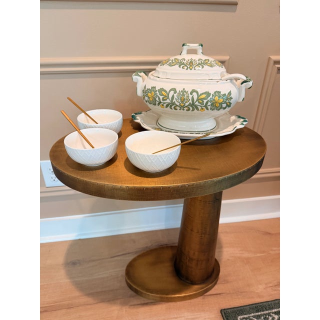 English Vintage Green & Yellow Floral Faience Soup Tureen With Underplate and Ladle For Sale - Image 3 of 5