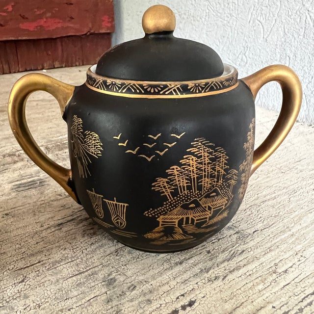 Vintage Kutani China Hand-Painted Black & Gold Japanese Tea Set With Teapot & Cups - Set of 15 For Sale - Image 11 of 18