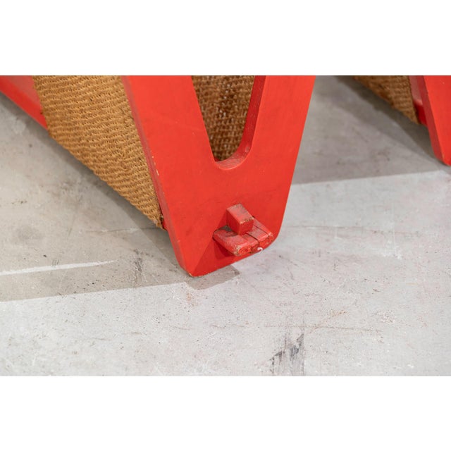 Brutalist Vintage Brutalist Umbrella Stand in Red Lacquered Wood and Burlap, France, 1970s For Sale - Image 3 of 6