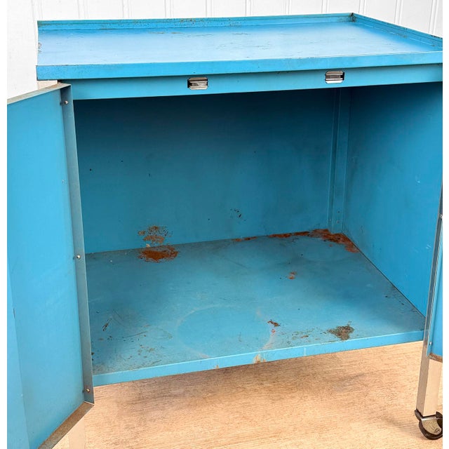 Metal Vintage Industrial Blue Steel Rolling Cart Cabinet For Sale - Image 7 of 15