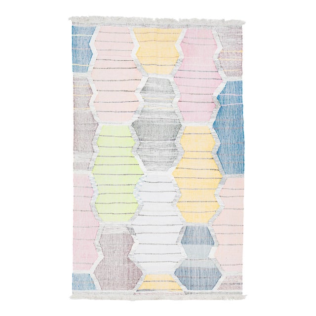 Contemporary Multicolored Kilim Wool Rug With Geometric Design For Sale