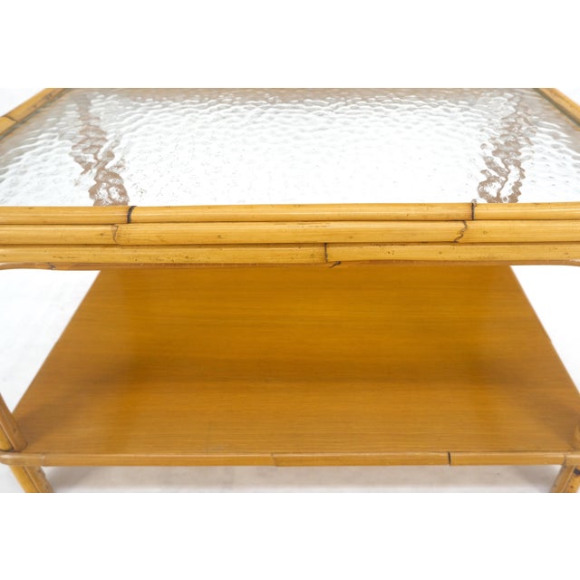Wood Vintage c1970s Bamboo Rattan Two Tier Rippled Glass Top Rectangle End Side Table For Sale - Image 7 of 12