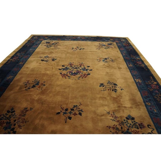 Textile 1920s Camel Floral Modern Antique Chinese Art Deco Knotted Wool Rug 9' X 11'8" For Sale - Image 7 of 9