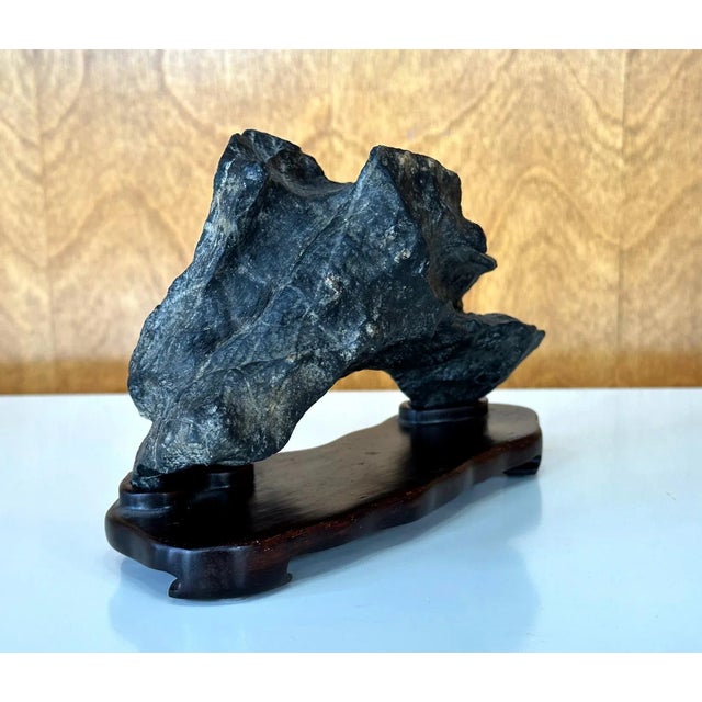 Wood Chinese Lingbi Scholar Stone Arched Form on Display Stand For Sale - Image 7 of 12