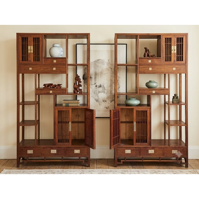 Pair Asian Inspired Asymmetrical Light Brown Shelving Display Cabinet Divider For Sale - Image 4 of 13