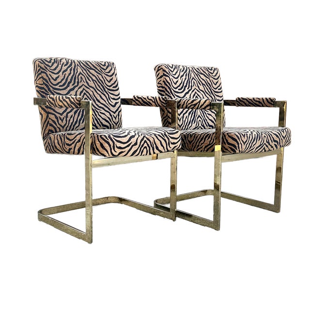 Mid-Century Modern 70's Milo Baughman for Thayer Coggin Newly Scalamandre Upholstered Cantilever Flat Bar Chairs - A Pair For Sale - Image 3 of 14