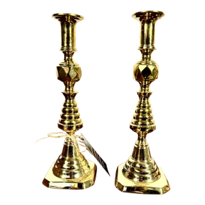 Pair of Victorian 19th Century Beehive & Diamond Candlesticks