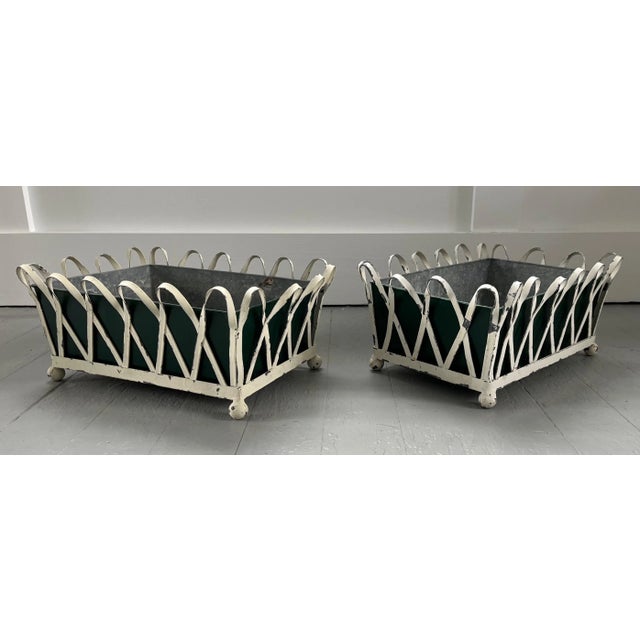 1930's White Painted Zinc Cachepot Planters or Jardinieres With Green Tole Liners on Ball Feet - a Pair For Sale - Image 13 of 13