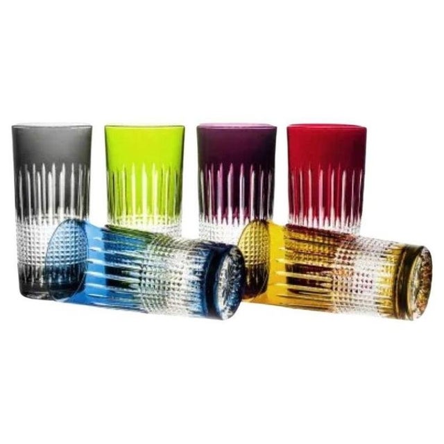 et of 6 long-drink glasses for cocktails, water, or juice. Made of high-quality crystal glass painted in various colors....