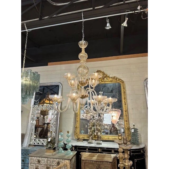 Modern Large Scale Two-Tiered Gold Murano Glass Chandelier For Sale - Image 3 of 9