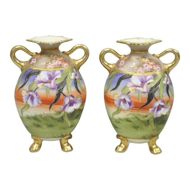 Antique Nippon Moriage Hand Painted Porcelain Purple Iris & Gold Gilt Vase Pair For Sale