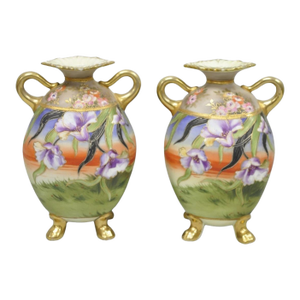 Antique Nippon Moriage Hand Painted Porcelain Purple Iris & Gold Gilt Vase Pair