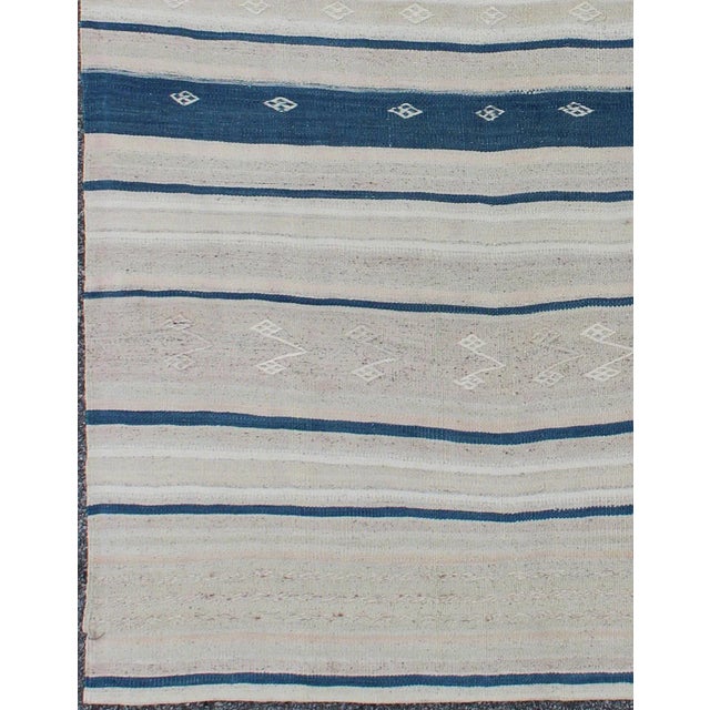 Tribal Vintage Flat-Weave Kilim With Navy Blue, Light Green & Taupe in Striped Design For Sale - Image 3 of 7