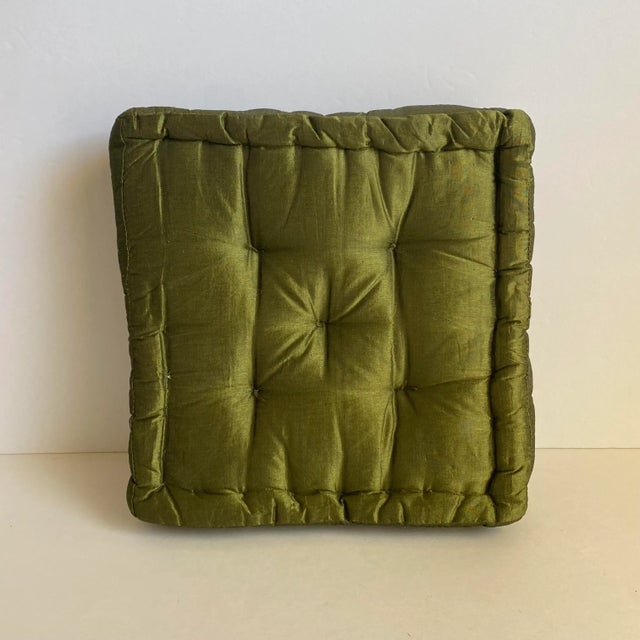 Mid-Century Modern Mid Century 1960s Silk Dupioni Tufted Pillow Square Avocado Green Throw Cushion For Sale - Image 3 of 8