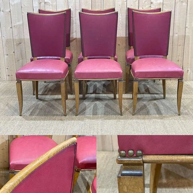 Suite of 6 chairs in beech and skai in the style of Jules Leleu, used condition - W=47cm, D=43cm, H back=98cm, H seat=50cm.