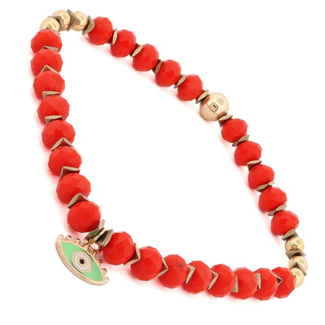 Asian Red Flame & Green Gaze Evil Eye Beaded Anklet For Sale - Image 3 of 5