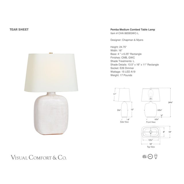 Chapman & Myers by Visual Comfort Signature Pemba Medium Combed Table Lamp in Glossy White Crackle with Linen Shade...