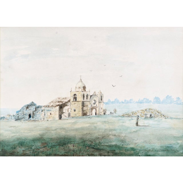 Late 19th century watercolor of the Mission San Carlos Borromeo de Carmelo, in Carmel CA, by George H. Brodhead (American,...