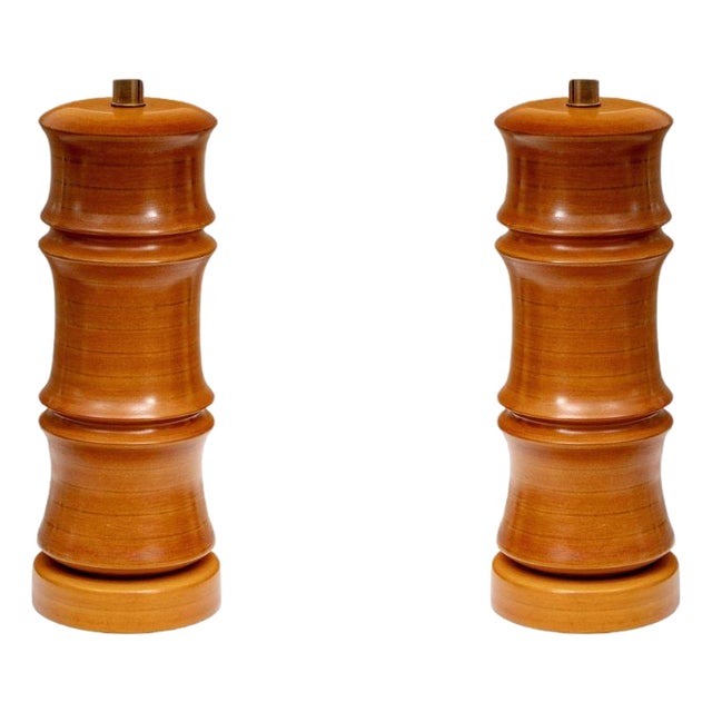 Pair of Vintage Hand Carved Bamboo Form Mid Century Table Lamps For Sale
