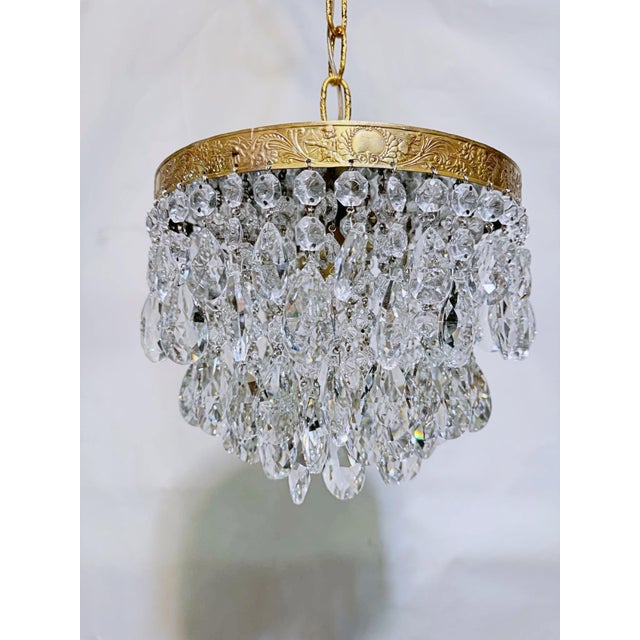 Vintage Crystal Teardrop Chandelier With Embossed Cherub Brass Crown For Sale In New York - Image 6 of 11