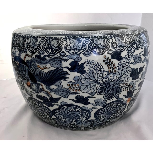 Blue Large 20" Vintage Japanese Blue & White Porcelain Phoenix Jardinière - Signed For Sale - Image 8 of 18
