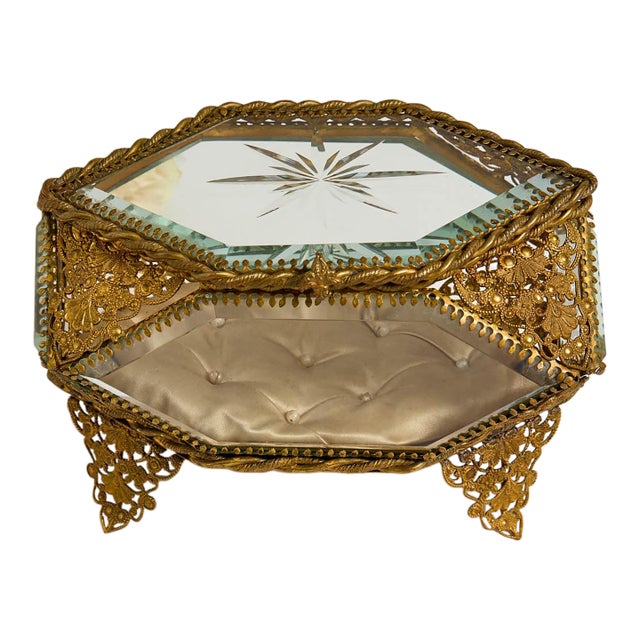 Ornate Antique Paneled Glass Jewelry Box For Sale