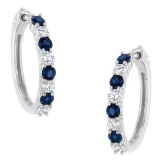 10K White Gold, ½ Cttw Diamond, & ½ Cttw Lab-Grown Blue Sapphire Leverback Hoop Earrings (H-I Color, I1-I2 Clarity) For Sale