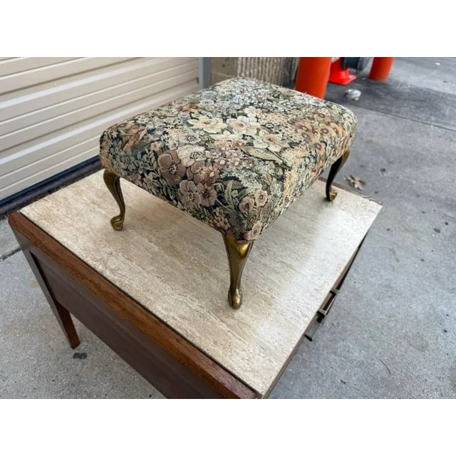 Late 20th Century Vintage Queen Anne Style Stool Floral Upholstered and Brass Color Metal Leg Footstool For Sale - Image 4 of 8