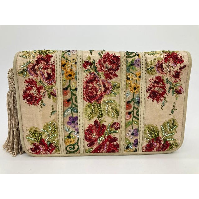 Cream Vintage Judith Leiber Silk Floral Crystal Embroidered Tassel Clutch For Sale - Image 8 of 11