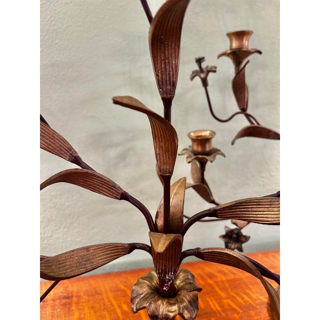 Vintage Italian or French Style Solid Brass Five-Light Floral Tole Candelabra With Original Gilt Finish For Sale - Image 10 of 14