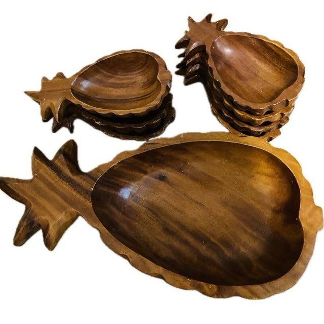 Vintage Hawaiian Pineapple Shape Wood Serving Bowls -Set of 8 For Sale - Image 9 of 10