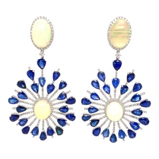 Opal, Diamond & Blue Sapphire Statement Earrings, A Pair For Sale