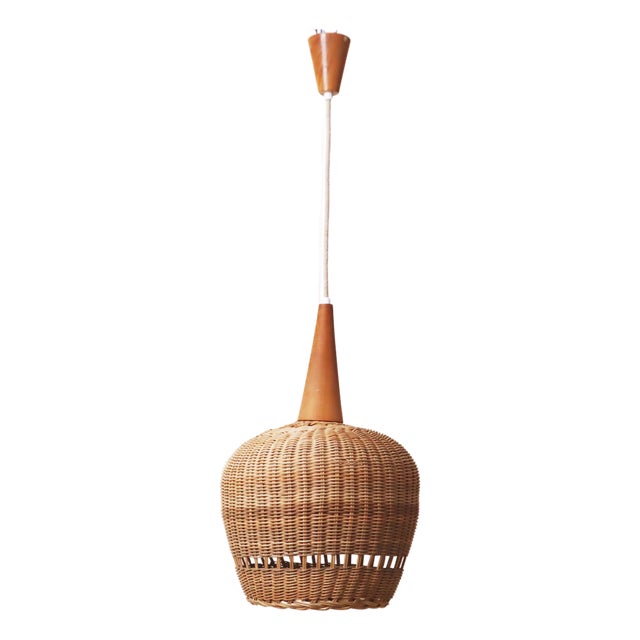 Mid-Century Modern Pendant Lamp in Rattan and Wood, 1960s For Sale