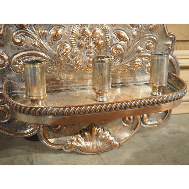 Pair of 19th Century French Silver Plated Copper Repousse 3-Light Wall Sconces For Sale - Image 12 of 18